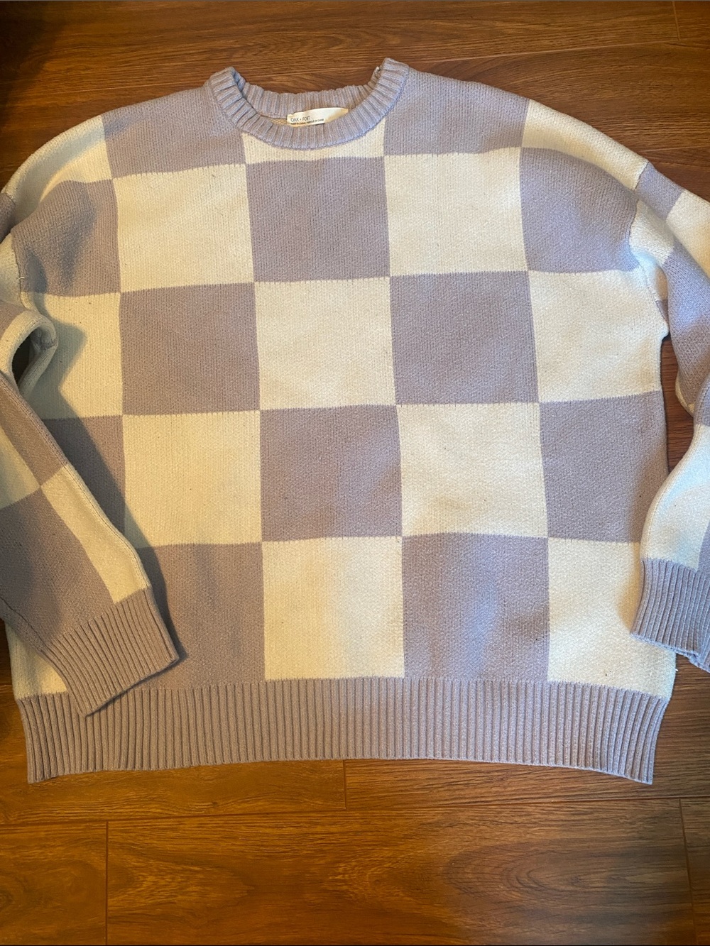OAK + FORT Lavender and White Checkerboard Crewneck Sweater